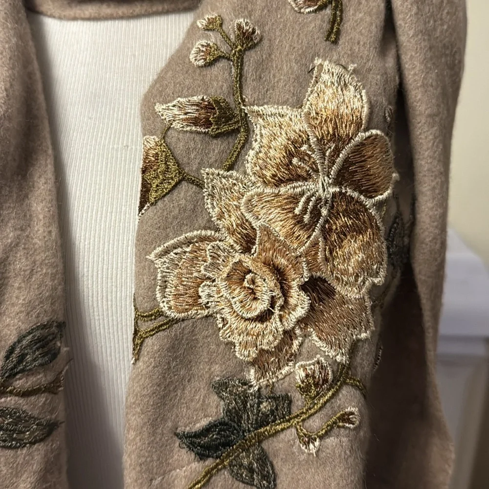 Embroidered 3D Floral Tan Wool Scarf, new